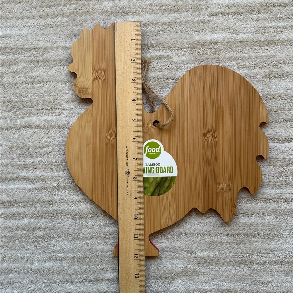 NWT Food Network Bamboo Cutting Board Rooster Shape Farmhouse Natural Red Edge